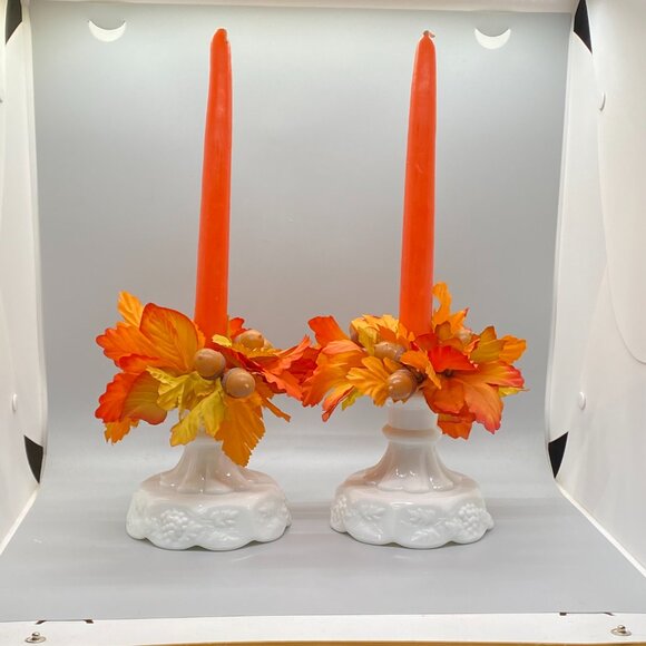 Westmoreland Milk Glass Panel Grape Pattern Taper Candle Holders 4" - Picture 2 of 5